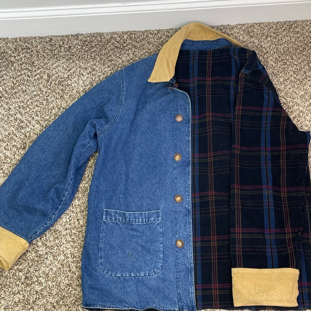 Vintage Herman Geist 90’s  Reversible Barn Coat Denim-Plaid Corduroy Size L - Picture 2 of 12